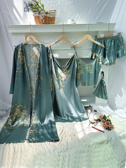 Women's Cherry Print Pajama Set - Elegant V-Neck Sleepwear with Suspender Shorts & Skirt