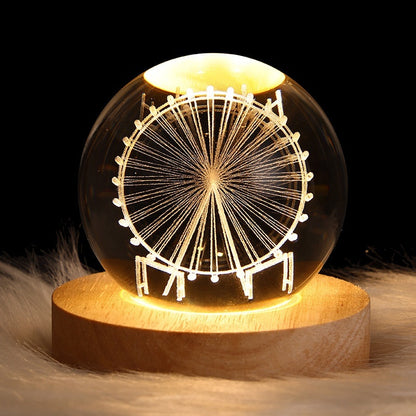 3D Crystal Ball Night Light - USB Powered Projection Lamp with Wooden Base | Moon, Ferris Wheel & Forest Designs