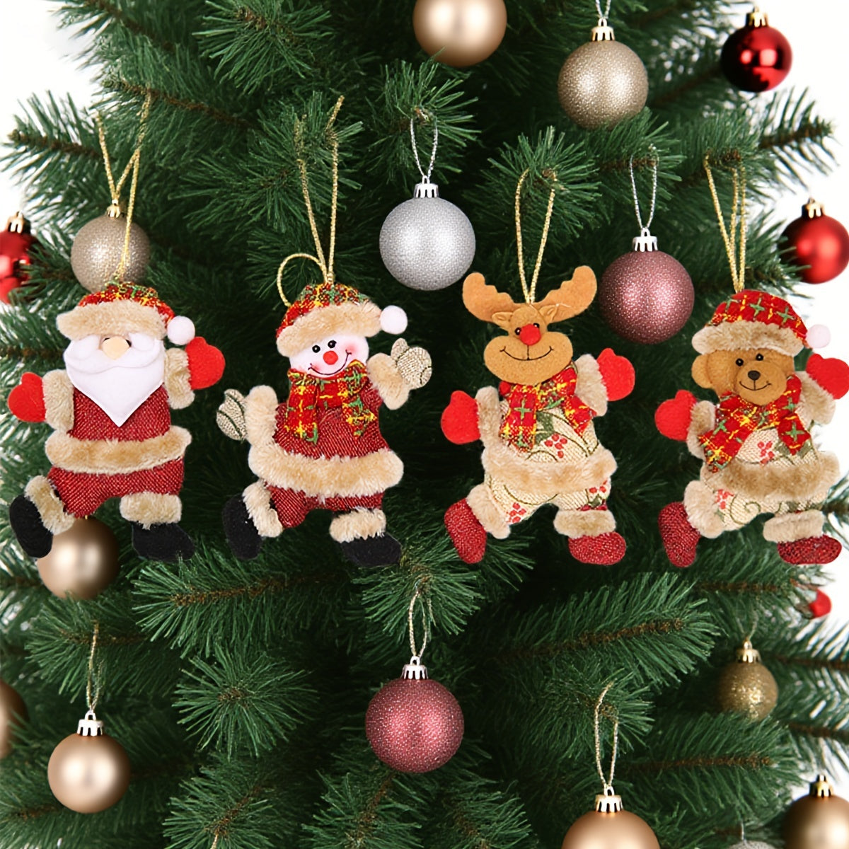 Festive Christmas Tree Ornaments - Santa, Snowman, Reindeer & Bear Figures With Red & White Scarves, Golden Balls & Red Bows - Perfect For Holiday Decor, Christmas Decorations