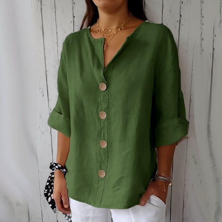 Loose-fit Women's V-neck Cotton-Linen Button T-shirt Top