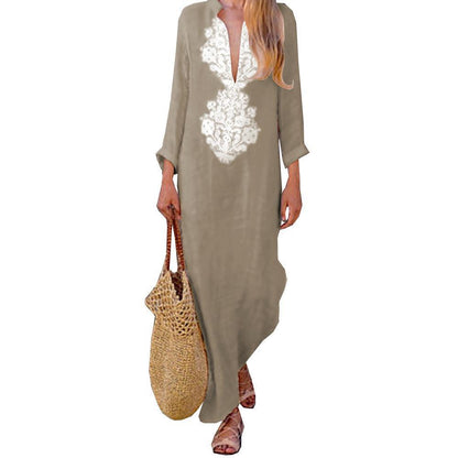 V-neck Loose-fit Cotton-linen Women's Dress