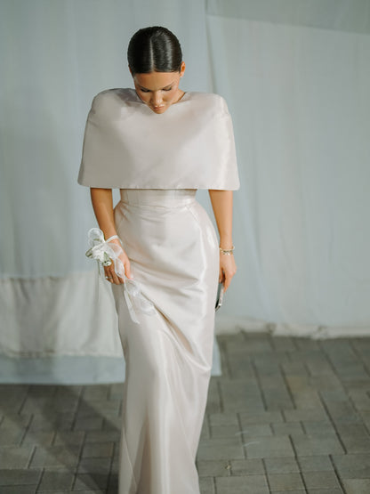 Satin Cape-style Top &Fitted Maxi Dress Set