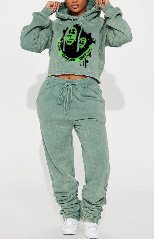 Casual Printed Hooded Short Sweatshirt Set