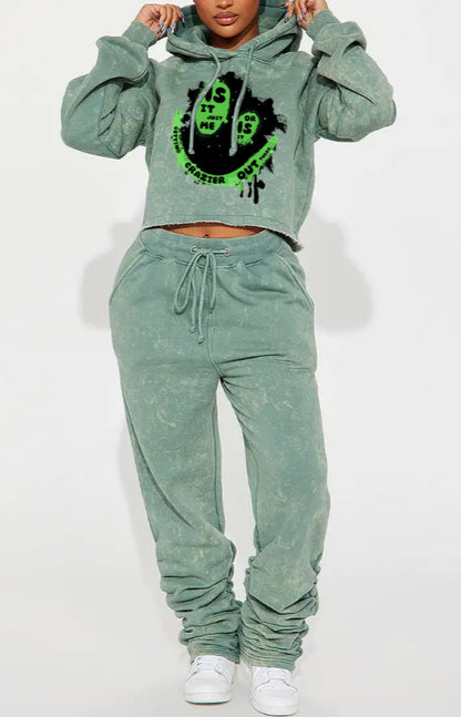 Casual Printed Hooded Short Sweatshirt Set