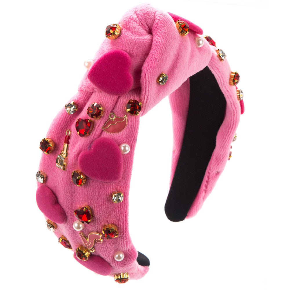 Baroque Valentine's Day Headband Female Hand-stitched Glass Charms Gemstones Sequins With Love