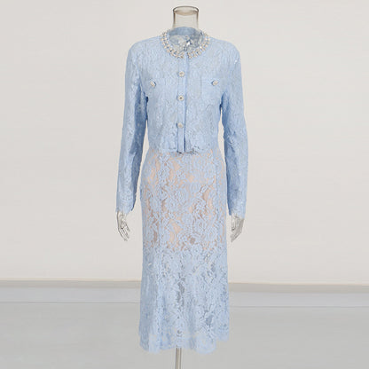 Round Neck Diamond Lace Embroidered Top High Waist Skirt Suit