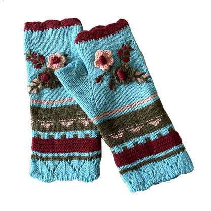 Handmade Crochet Fingerless Gloves - Vintage Embroidered Arm Warmers for Women