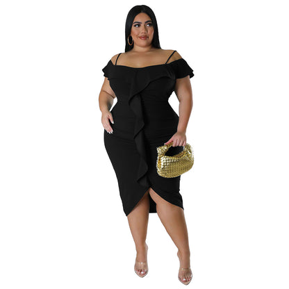 Solid-color Dress Halter-neck Midi Skirt