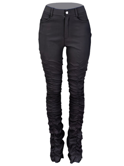 HY5159 Women's High-Waisted Stretchy Ruched Pants - Light Grey Casual Tapered Leggings with 95% Polyester 5% Elastane, Machine Washable All-Season Comfort