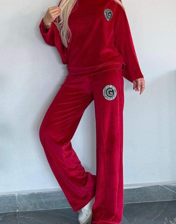 Velvet Solid Color Crew-neck Batwing Sleeve Casual Two-piece Suit Women's Clothing