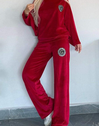 Velvet Solid Color Crew-neck Batwing Sleeve Casual Two-piece Suit Women's Clothing