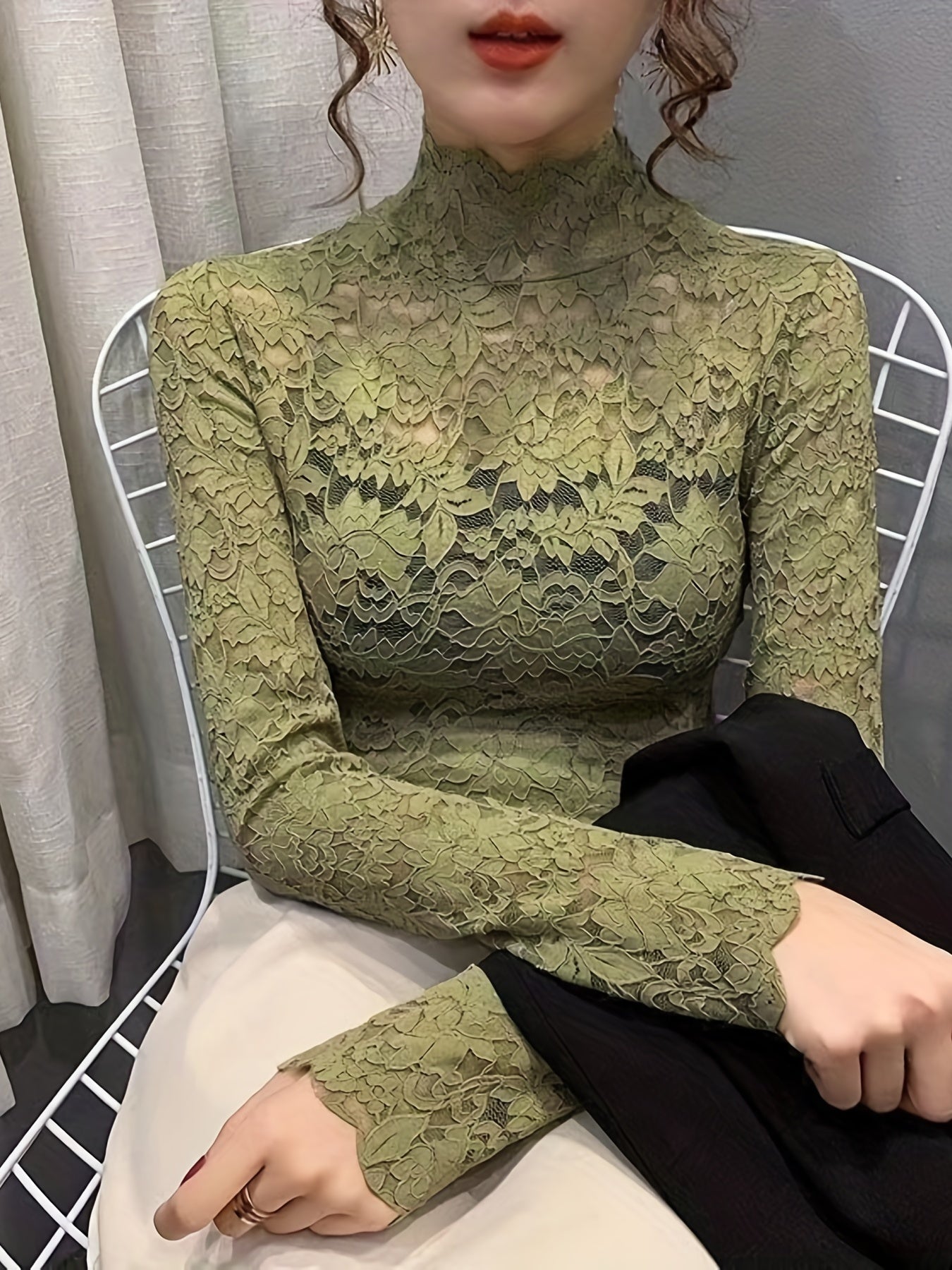 Slim Sexy Long Sleeve Lace Mock Neck Top - Women's Spring & Fall Clothing