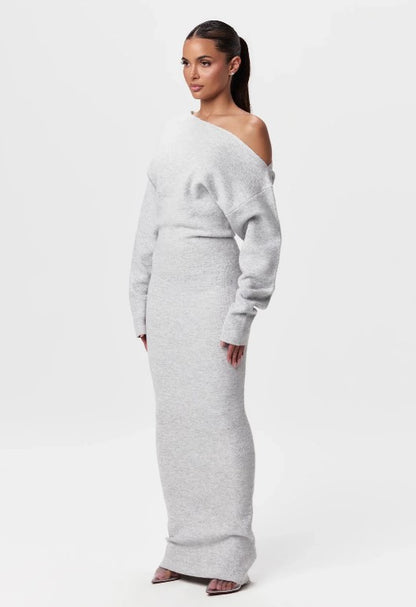 Ins Slim Long Sleeve Knitted Dress Evening Party Sexy Off-shoulder Bodycon Long Dresses