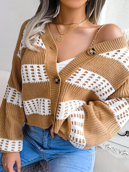 Women Designer Color Block Lantern Sleeve Cardigan Sweater Coat