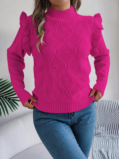 Women Solid Color Ruffled Mock Neck Long Sleeve Pullover Sweater