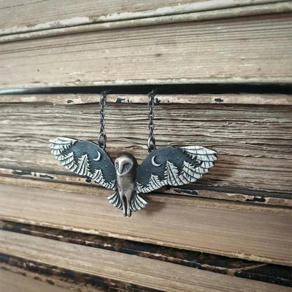 Vintage Silvery Owl Pendant Necklace Witch Moon Phase Art Necklace Ladies Animal Totem Necklace Jewelry Gift