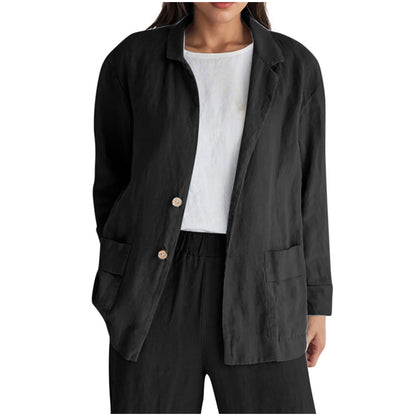 Loose-fit Solid-color Long-sleeve Cotton-linen Coat With Buttons For Women