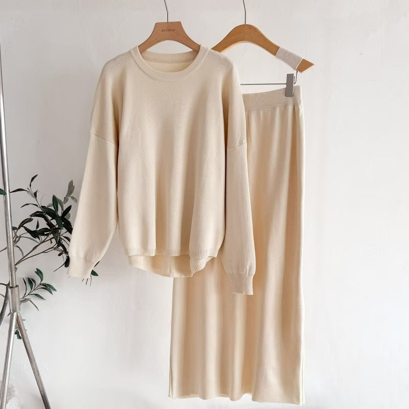 Women's Wear AutumnWinter Solid Color Simple Long-Sleeve Fashionable Casual Knitted Set