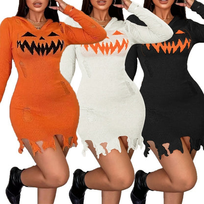Women's Solid Color Hooded Halloween Fashion Tight Dress