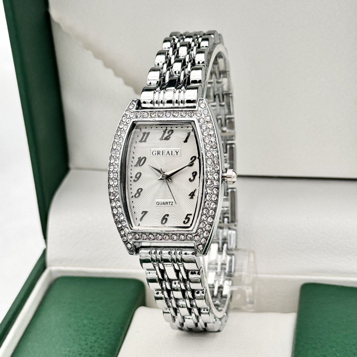 Diamond-encrusted Watch Barrel-shaped Dial Metal Bracelet Quartz Ladies' Watch