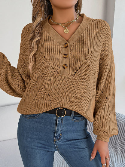 Women Hollow Out V-Neck Button Lantern Sleeve Pullover Sweater
