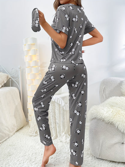 Women's Floral Print Pajama Set - Comfortable Short Sleeve Tee Top and Pants for Sleep and Lounging