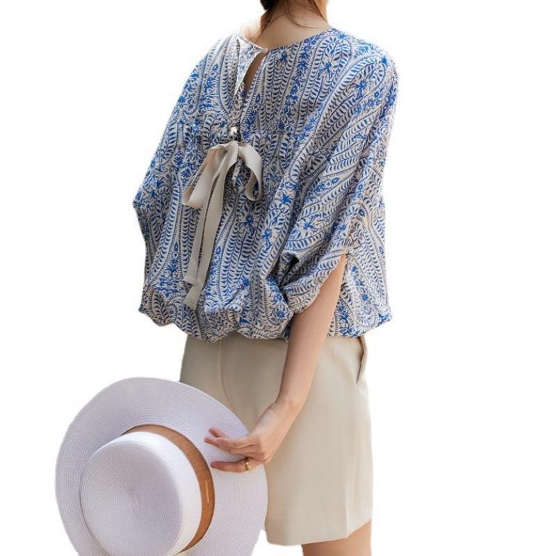 Women's Refreshing Loose Batwing Sleeve Back Lace-up Bow Floral Shirt Top