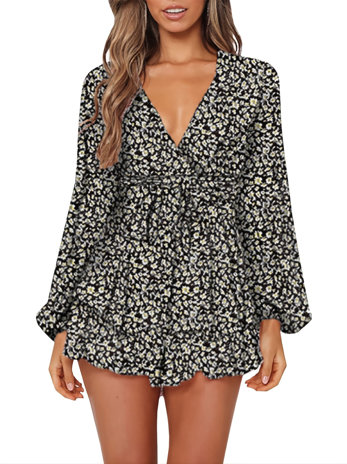 Ladies Polka-dot V-neck Jumpsuits, Long Sleeve Ruffle Hem Romper Playsuit, Casual Every Day Romper, Women's Clothing