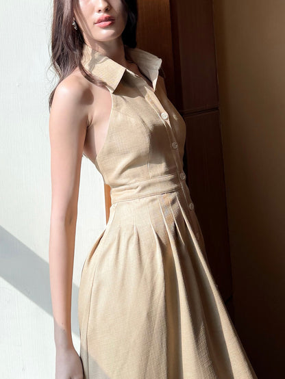Commuter Single-breasted Backless Solid Color Shirt Dress