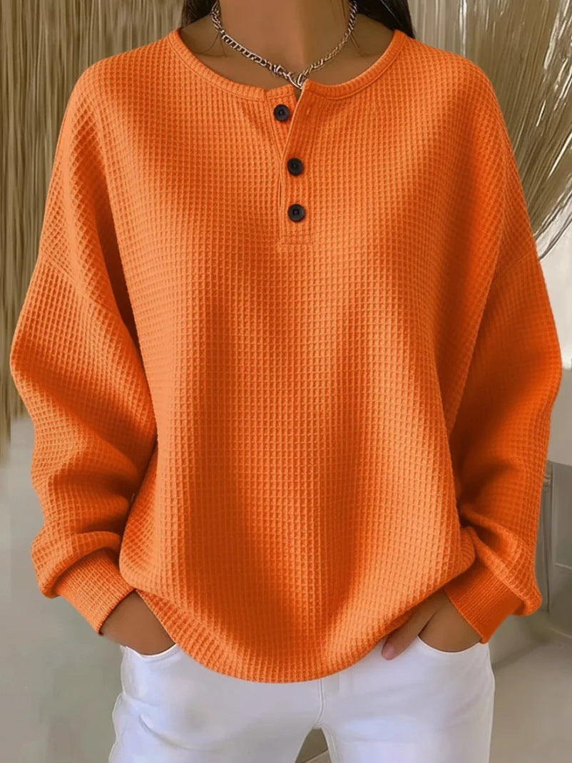 Ins Waffle Long-sleeved T-shirt Fashion Solid Color Buttons Round Neck Pullover Top Women's Clothing