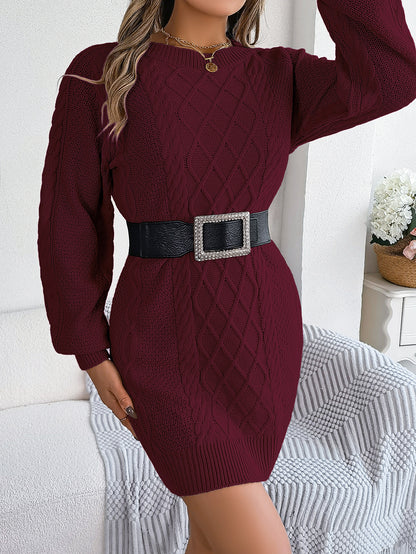 Women Solid Color Cable Knit Cinched Lantern Sleeve Sweater Dress