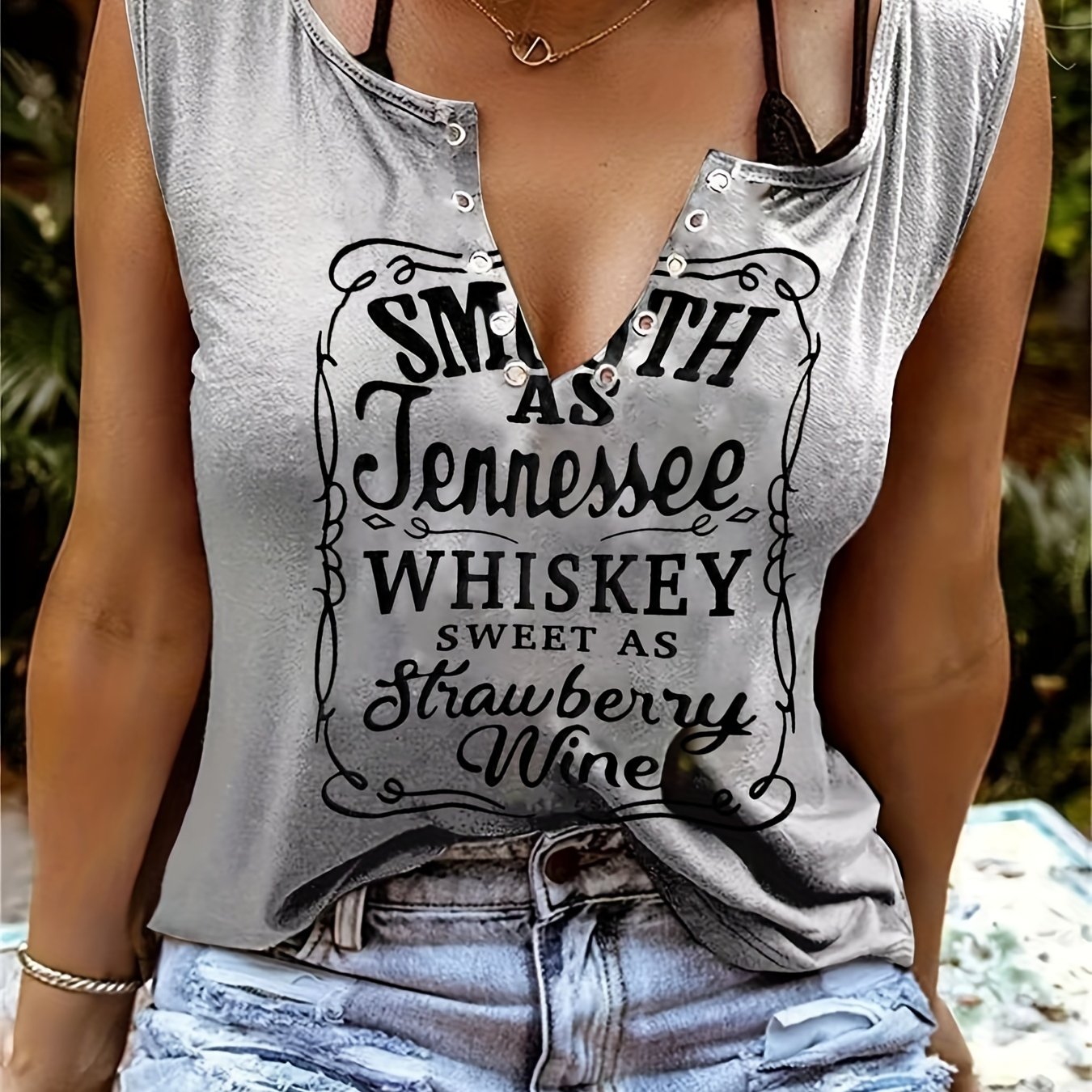 Smooth As Tennessee Whiskey Sweet As Strawberry Wine Women's Tank Top - Soft Pink Sleeveless V-Neck Casual Shirt with Bold Letter Print, Thick Strap Country Music Style, Machine Washable All-Season Wear, Festive Concert Attir