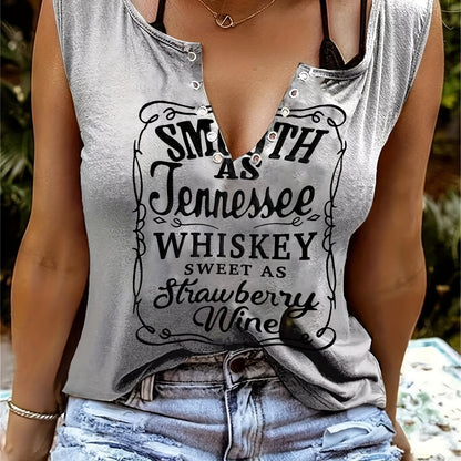 Smooth As Tennessee Whiskey Sweet As Strawberry Wine Women's Tank Top - Soft Pink Sleeveless V-Neck Casual Shirt with Bold Letter Print, Thick Strap Country Music Style, Machine Washable All-Season Wear, Festive Concert Attir