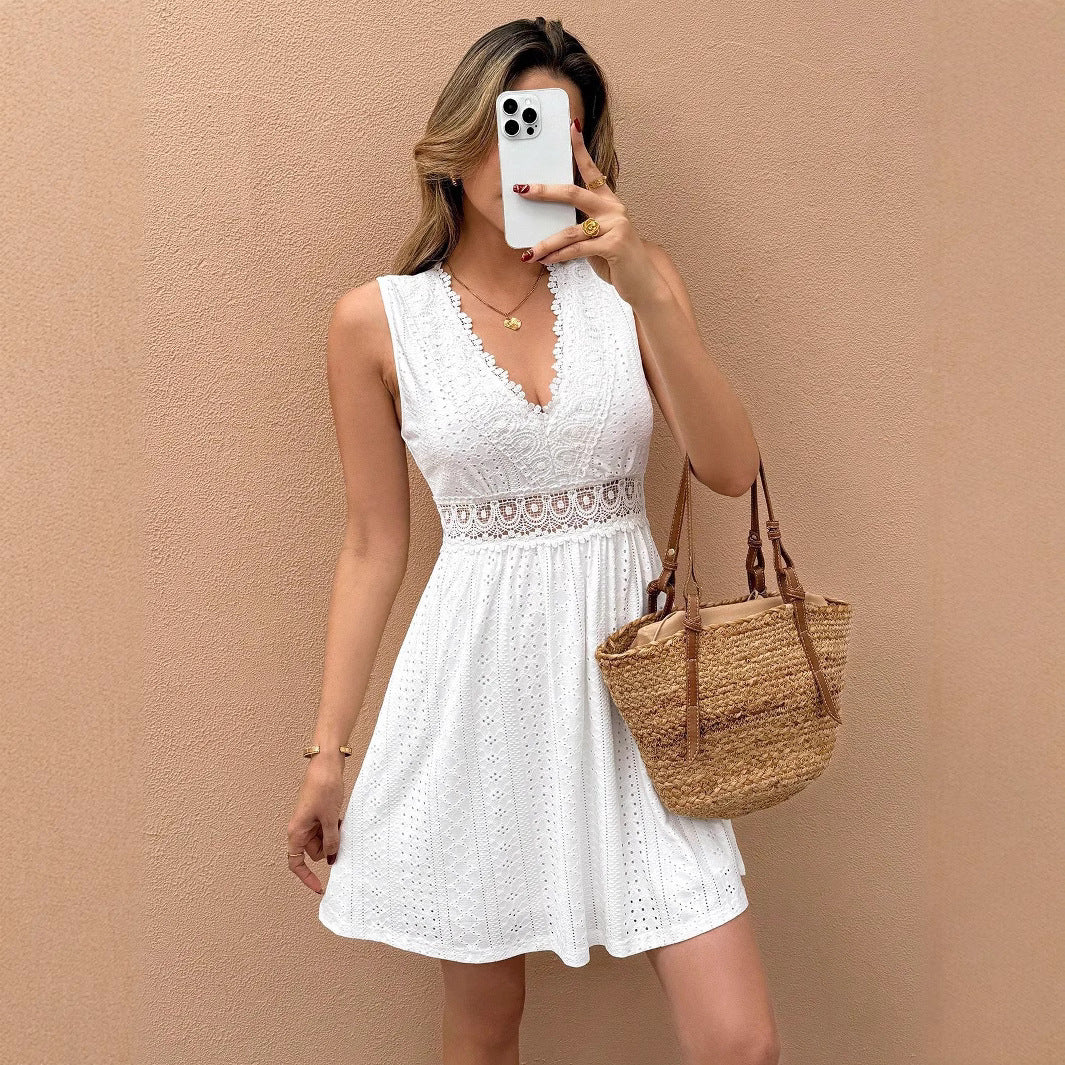 New Elegant And Sophisticated Sleeveless V-neck Lace-patchwork Jacquard Dress