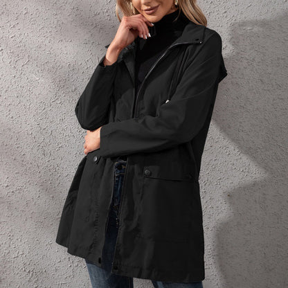 Casual Mid-length Zipper Waterproof Hooded Trench Coat