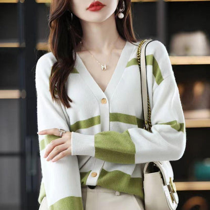 Fashion Striped Button Knitted Cardigan V-neck Women