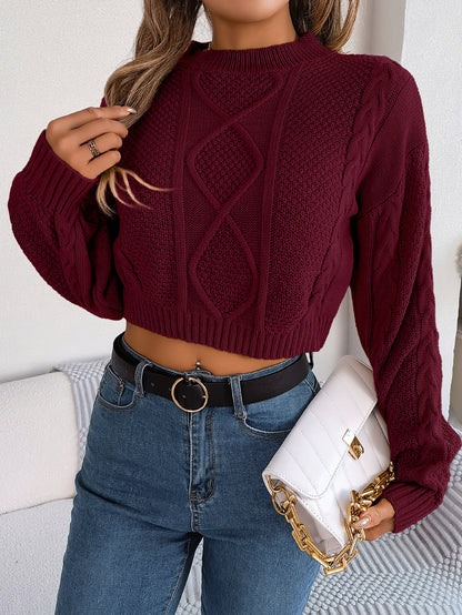 Women Casual Solid Color Cable Knit Long Sleeve Cropped Pullover