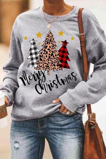 European and American Christmas Costumes Merry Christmas Letters Leopard Print Christmas Tree Sweatshirt Men's and Women's Round Neck