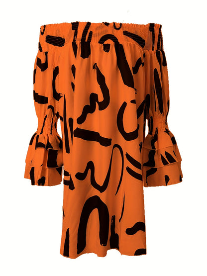 Off Shoulder Letter Print Dress - Casual Long Sleeve Women's Dress | Michan Direct