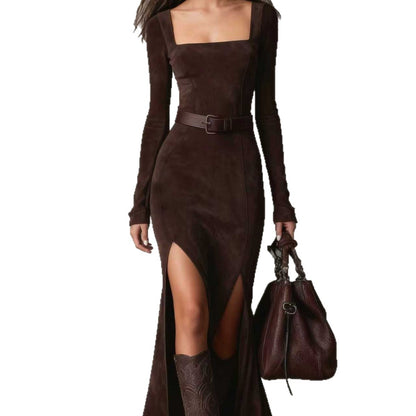 Zipper Square-neck Slit Maxi Dress