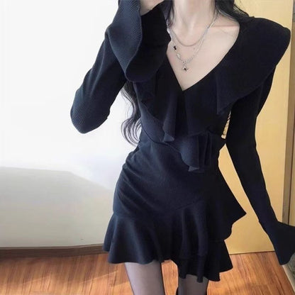 New Arrival Little Black Dress With Ruffled Hem V-neck And Flared Sleevessassy And Chic