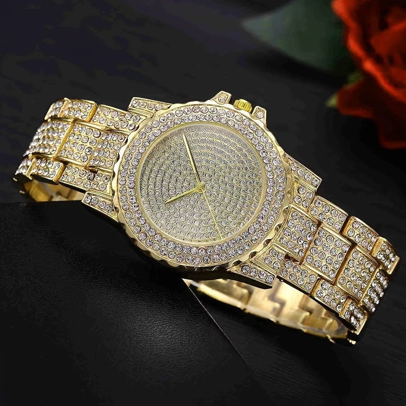 1pc Rhinestone Decor Quartz Watch Luxury Hiphop Analog Wristwatch & 1pc Bracelet, Gift For Xmas Valentine's Day