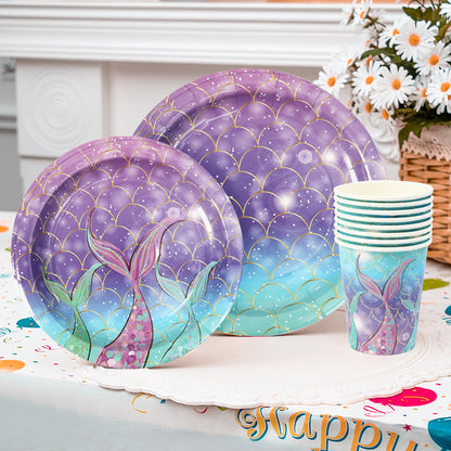 Mermaid Tail Theme Happy Birthday Paper Pallet Disposable Party Round Paper Pallet Suit Disposable Paper Cup
