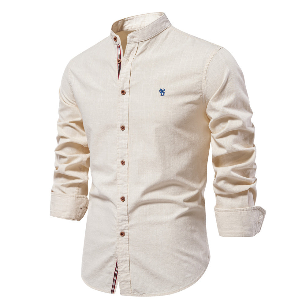 Men's Cotton And Linen Casual Fashion Solid Color Long Sleeve Henley Shirt