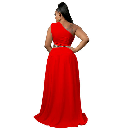 Solid-color Off-the-shoulder Sexy Bodycon Two-piece Set