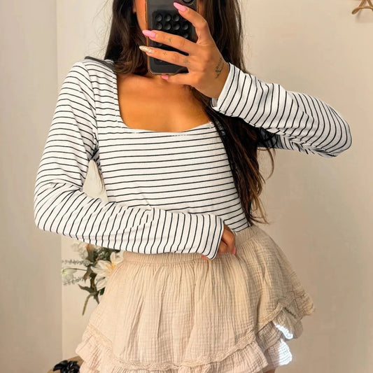 Women's Striped Slim-fit U-neck Long-sleeve Top