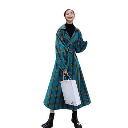 Women's Mid-length Plaid Woolen Coat