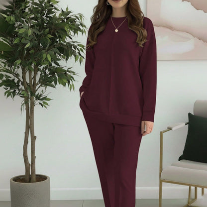 Women's Fashion Casual Solid-Color Crew-Neck Top And Pants Two-Piece Set
