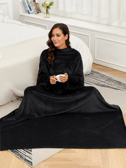 RONGTAI Fleece Wearable Blanket With Sleeve And Pocket For Adults, Cozy Warm Full Body Wrap Throws Blanket Robe, Navy, Oversized