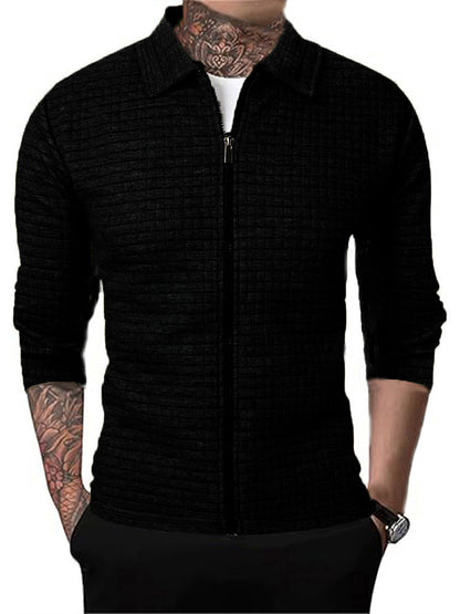Men's Casual Long-sleeved Lapel Waffle Jacket Cardigan
